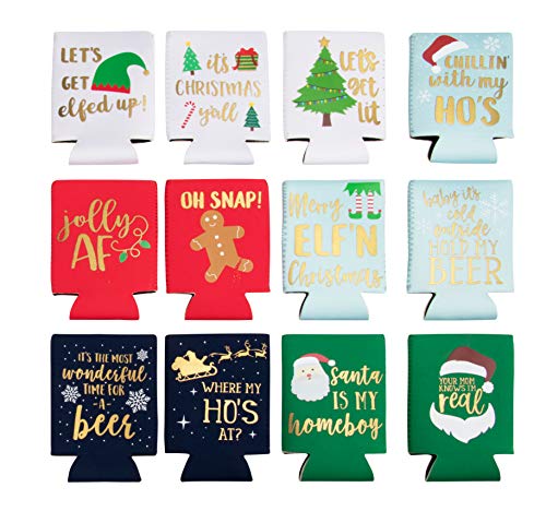 Product Cover Juvale Christmas Beer Can Sleeves - 12-Pack Holiday Theme Drink Holders with Insulated Covers, Neoprene Coolers for 12-Ounce Canned Beverages, 12 Festive Winter Designs, 2.8 x 4.2 Inches