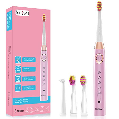 Product Cover Sonic Electric Toothbrush Rechargeable for Adults and Teens - Orthodontic Cleaning for Braces 5 Modes Whitening Toothbrush with 3 Brush Heads 4 Hours Charging for Over 30 Days Use, Pink by Fairywill