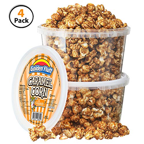 Product Cover Crunchy Caramel Popcorn Tubs With Peanuts [Pack of 4, 8 oz] | BONUS Bag Of Honey Roasted Peanuts | Resealable Plastic Containers, Sweet Flavor & Thin Caramel Coating