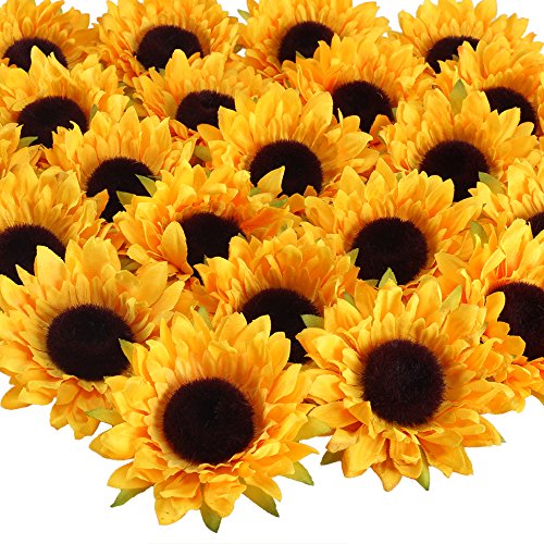 Product Cover VGIA 24pcs Artificial Sunflower Heads Silk Flower Faux Floral Yellow Gerber Daisies for Wedding Table Centerpieces Home Kitchen Wreath Hydrangea Cupcakes Topper Decorations