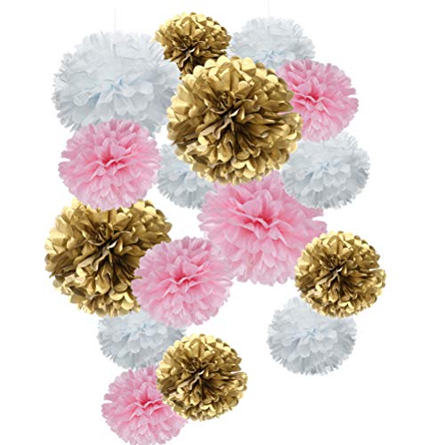 Product Cover MOWO Paper Flower Tissue Pom Poms Baby Shower Party Supplies (Gold,Pink,White,18pc)