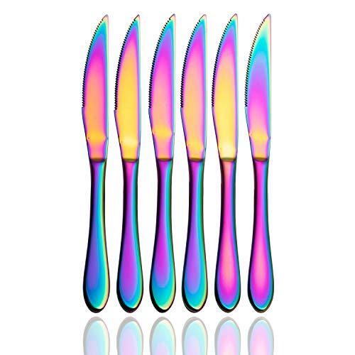 Product Cover Multi-color Ultra-Sharp Serrated Solid Handle Steak Knives Cut Cleanly Stainless Steel Cutlery Set, 6-Piece Colorful Steak Knife Sets, Dishwasher Safe (Rainbow)