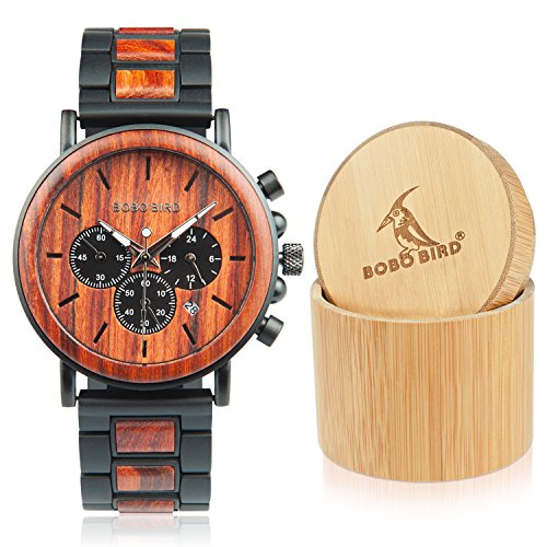 Product Cover BOBO BIRD Men's Casual Wrist Watch, Wood & Stainless Steel Watch with Luminous Pointers, Classic Analog Watches with Gift Box