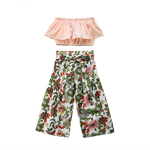 Product Cover Toddler Baby Girls 2Pcs Set,Kids Ruffle Vest Crop Tops+Floral Wide Leg Pants Summer Outfits
