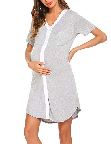 Product Cover Ekouaer Nursing Sleepshirt Women Button-Front Nightshirt Short Sleeve Nightgown Breastfeeding Sleepwear,A-gray,Small=US(X-Small)