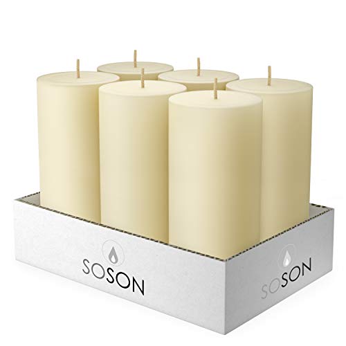 Product Cover Simply Soson 3 x 6 Inch Ivory Unscented Pillar Candle Bulk Set - Dripless, Scent Free Paraffin Wax Candle Pillars - Medium Size Wedding or Home No Drip Candles - 6 Pack