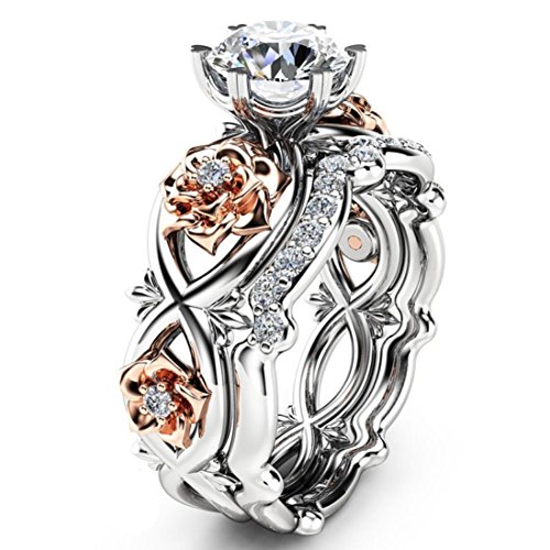 Product Cover OldSch001 Womens Ring Silver & Rose Gold Filed Wedding Engagement Floral Rings Band (Silver, 7)