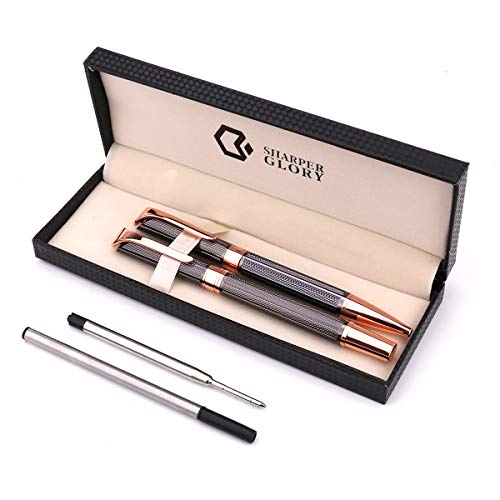 Product Cover Sharper Glory Metal 1.0mm Ballpoint 0.7mm Rollerball Pen Set in Adorable Gift Box, Black Ink, Smooth and Easy Writing Gift Pen Set, A Great Birthday, Graduation, Pack of 2 Pens with 2 Extra Refills