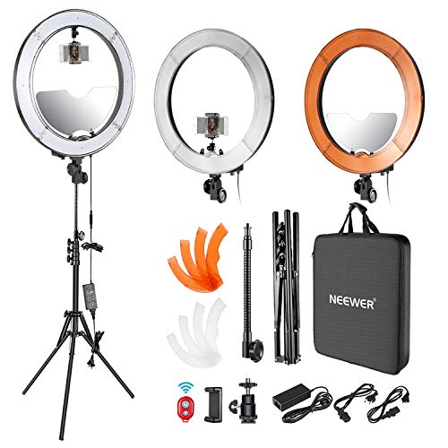 Product Cover Neewer LED Ring Light 18-inch Outer Diameter 55W 5500K with Top/Bottom Dual Hot Shoe, Mirror, Smartphone Holder, Light Stand, Soft Tube, Color Filter for Makeup Portrait Video Shooting(US Plug)