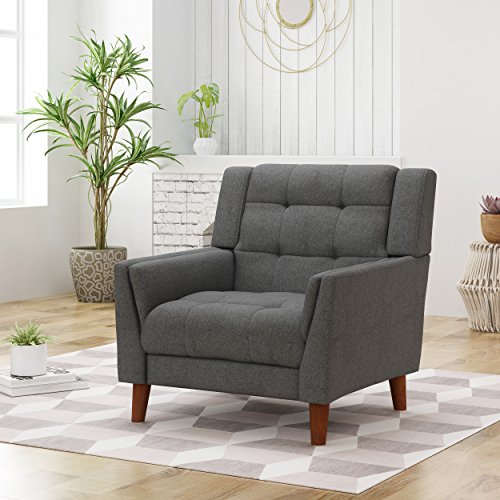 Product Cover Christopher Knight Home 305540 Evelyn Mid Century Modern Fabric Arm Chair, Dark Gray, Walnut
