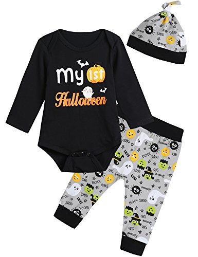 Product Cover Baby Boys Girls My First Halloween Outfit Set Pumpkin Romper Ghosts Pants and Hat