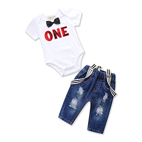 Product Cover Toddler Baby Boy Clothes Set Bowtie Romper Suspenders Ripped Denim Pants Outfits (White, 90/Fit 12-18 Months)