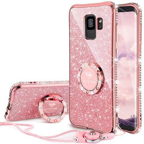 Product Cover Galaxy S9 Case, Glitter Luxury Bling Diamond Rhinestone Bumper Cute Galaxy S9 Phone Case for Girls with Ring Kickstand Sparkly Protective Samsung Galaxy S9 Case for Girl Women - Rose Gold Pink