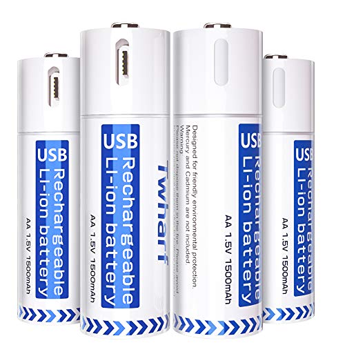 Product Cover USB Rechargeable Batteries 1.5V/1500mAh Lithium Ion AA Battery with 4-in-1 Micro USB Charging Cable 1.5h Quick-Charge Built-in Integrated Safety Circuit Protection Double A Batteries(4 Pack)