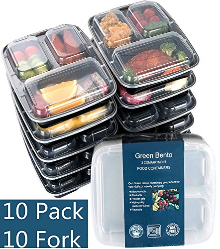 Product Cover Green vege Bento 10-3BOX Meal Prep Containers with Lids 3 Compartment Reusable Bento Lunch Box-Food Conrtainers 10 Pack, Pack of 10, Black