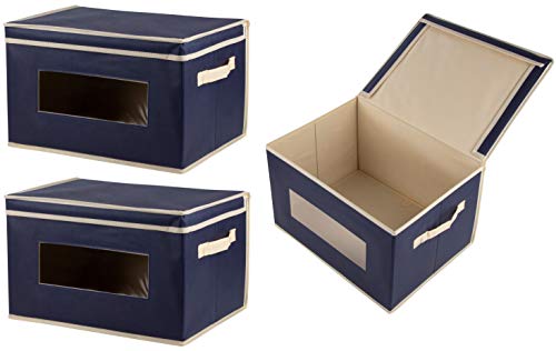 Product Cover Juvale Storage Bins - 3-Pack Foldable Storage Cubes, Decorative Fabric Storage Bins with Lids and Clear Windows, Household Organization, Closet, Office Supplies, Navy Blue, 16.25 x 12 x 10 Inches