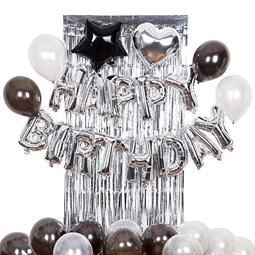 Product Cover Silver Happy Birthday Alphabet Balloon Banner for Birthday Party Decoration Black and Silver Brilliant Foil Balloons Balloons, Metallic Tinsel Foil Fringe Curtains