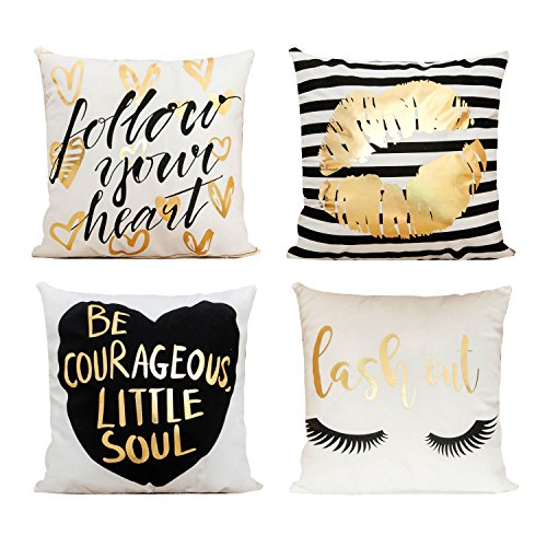 Product Cover Decor MI Just Pillowcase Bronzing Flannel Throw Pillow Covers Gold Letter Lips Pattern Design with Zipper Home Decor for Sofa Slipcover Decorative 18x18 inch Set of 4