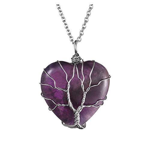 Product Cover Top Plaza Natural Amethyst Healing Crystals Necklace Silver Tree of Life Wire Wrapped Heart Shape Stone Pendant for Womens Girls Ladies