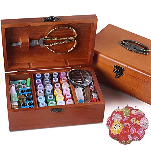 Product Cover Sewing Basket Sewing Notions and Supplies Wooden Box Wedding Gift Kit with Supplies and Notions, 8.5 x 5.3 x 3Inches