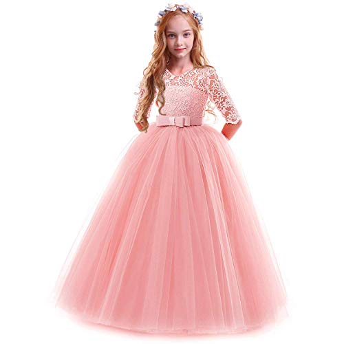 Product Cover Flower Girls Lace Half Sleeve Tulle Dress Wedding Bridesmaid Communion Evening Party Bowknot Puffy Pink Dress 7-8 Years