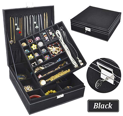 Product Cover Jewelry Box for Women, QBeel 2 Layer 36 Compartments Necklace Jewelry Organizer with Lock Jewelry Holder for Earrings Bracelets Rings - Black