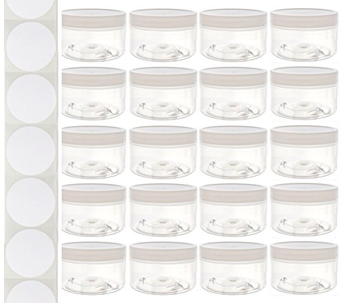 Product Cover 4 Ounce Plastic Wide-Mouth Storage Jars (20 pack) with Labels - Low Profile Straight-Sided Clear Empty Refillable Food-Grade BPA-Free PET Containers with White Screw-On Lids for DIY Beauty, Crafts