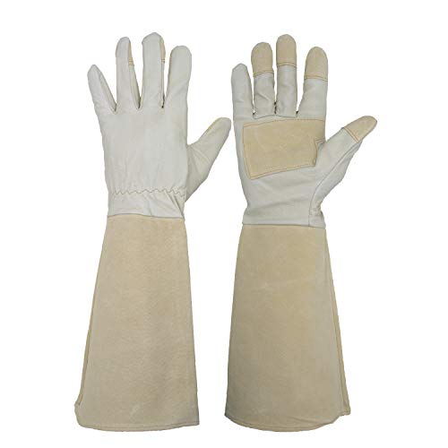 Product Cover HANDLANDY Pruning Gloves Long for Men & Women, Pigskin Leather Rose Gardening Gloves- Breathable & Durability Gauntlet Gloves Medium