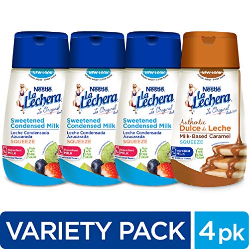 Product Cover La Lechera Squeeze  Variety Pack (4 Count) - Three Sweetened Condensed Milk and One Dulce de Leche in Resealable, No-Spill Bottles - Add Rich, Creamy Texture to Sweet Dishes