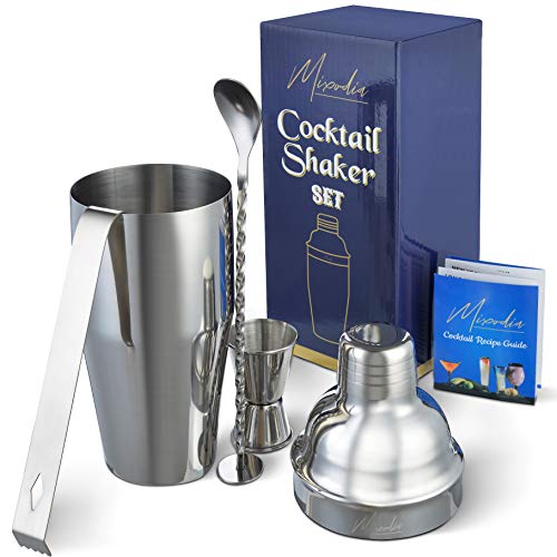 Product Cover Cocktail Shaker Bar Tools Set - Premium Bartender Accessories Kit - 24 oz Stainless Steel Built-in Strainer, Measuring Jigger, Mixing Spoon, Bonus Ice Tongs, Drink Recipes Booklet & eBook - Gift