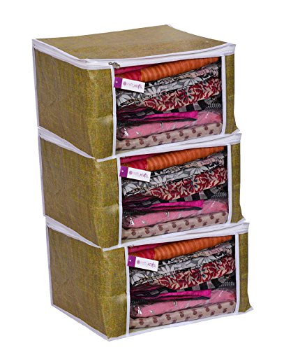 Product Cover PrettyKrafts Saree Cover Set of 3 Large/Jute Finish/Wardrobe Organiser/Clothes Bag_GreenLarge