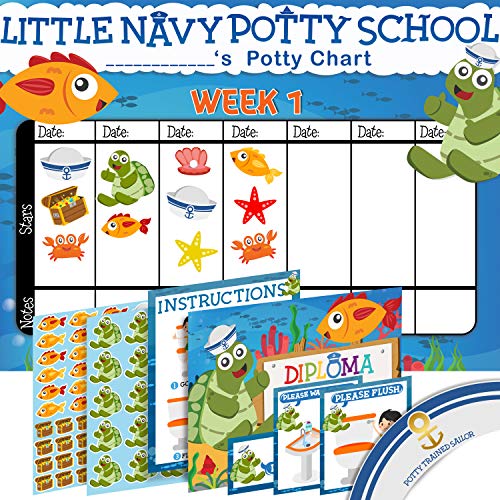 Product Cover Potty Training Chart for Toddlers - Sea Theme - Sticker Chart - Celebratory Diploma, Crown and Book - 4 Week Potty Chart for Girls and Boys - Potty Training Sticker Chart