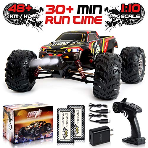 Product Cover 1:10 Scale Large RC Cars 48+ kmh Speed - Boys Remote Control Car 4x4 Off Road Monster Truck Electric - All Terrain Waterproof Toys Trucks for Kids and Adults - 2 Batteries + Connector for 30+ Min Play