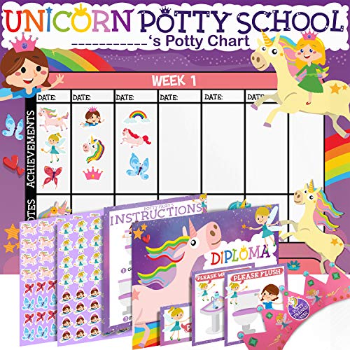 Product Cover Potty Training Chart for Toddlers - Unicorn Theme - Sticker Chart - Celebratory Diploma, Crown and Book - 4 Week Potty Chart for Girls and Boys - Potty Training Sticker Chart