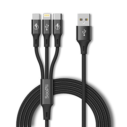 Product Cover SooPii 3 in 1 Multi USB Cable, Compatible with Apple iPhone, Micro and Type -C, Charges 3 Phone at Same time, 1.2meter Long, 2.1 A Output,