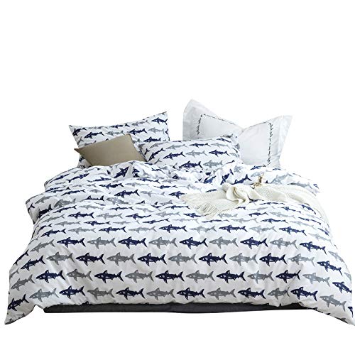 Product Cover 【Latest Arrival】 Shark Whale Animal Cartoon Children Kids Duvet Cover Set Queen 3 Pieces Stripes Cute Comforter Cover Full Navy Blue with 2 Pillow Shams for Adults Teens Toddler,NO Comforter NO Sheet