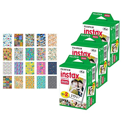 Product Cover 3X Fujifilm instax Mini Instant Film (60 Exposures) + 20 Sticker Frames for Fuji Instax Prints Travel Package