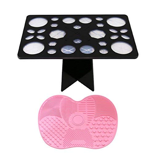Product Cover Makeup Brush Cleaner, Diolan Makeup Brush Organizer Makeup Brush Cleaning mat - Silicon Makeup Cleaner Pad (Pink) - Makeup Brush Drying Rack Brush Holder (28 Holes Mix Size, Black)