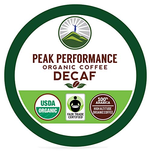 Product Cover Organic Decaf K Cups - Peak Performance High Altitude Organic Decaf Coffee Pods For High Performance Individuals. Fair Trade Beans Organic Medium Roast K Cup Single Serve Keurig Decaffeinated KCups