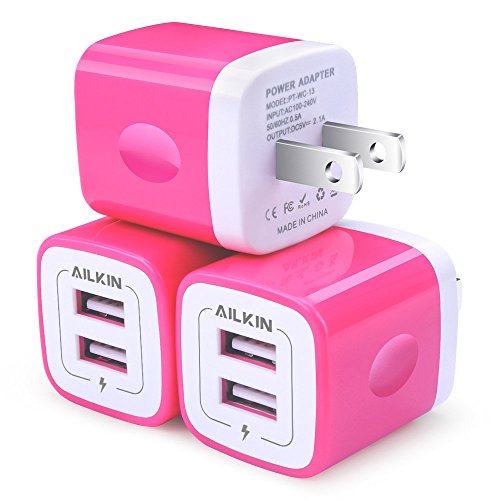 Product Cover USB Plug Adapter, AILKIN Universal Travel Charger 3-Pack 2.1A/5V Dual USB Wall Charger Power Station Cube Replacement for iPhone X 8/7/6/6S Plus 5S, iPad, Samsung Galaxy S8/S7/S6 Edge, HTC, LG, Moto