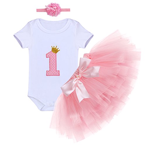 Product Cover Baby Girls First Birthday Clothes One-Piece Bodysuit 1st Crown Romper+Ruffle Tulle Skirt+Bowknot Headband 3PCS Set Toddler Infant Smash Cake Outfits for Casual Photo Shoot Pink Age 1 Year Old
