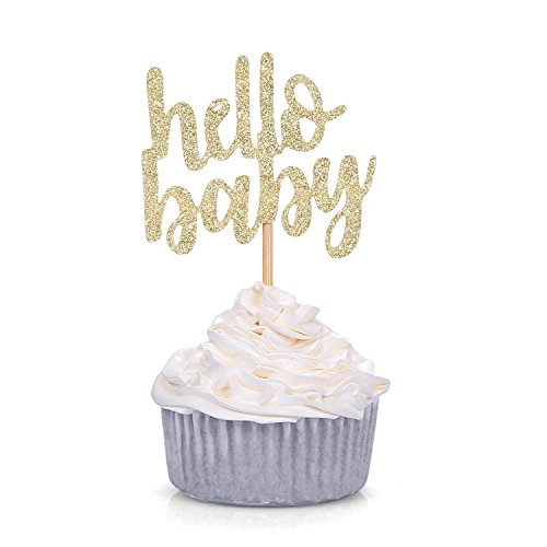 Product Cover Giuffi 24 CT Gold Glitter Hello Baby Cupcake Toppers Baby Shower Party Decors
