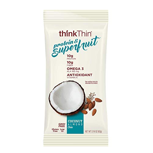Product Cover Protein & Superfruit Bars by thinkThin - On The Go, 10g Protein, 10g Fiber, Contains Omega 3 & Antioxidant, Gluten Free, GMO Free - Coconut Almond Chia (9 Bars) - Package May Vary