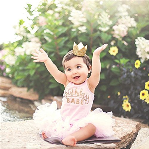 Product Cover Baby Birthday Crown Headband, Elastic Glitter Birthday Crown Mini First Birthday Hat Cake Smash Photo Prop - Party Hats for Adults Women Girls Princess Costume Outfit (Gold Crown,1 PCS)