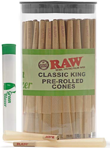 Product Cover Raw Pre-Rolled Cones Classic King: 100 Pack - King Size Rolling Papers with Filter Tips - All Natural Slow Burning RAW Cone - Includes Green Blazer Doob Tube