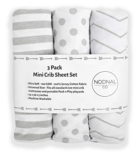 Product Cover NODNAL CO. Pack n Play Playard Portable Mini Crib Fitted Sheets Set 3 Pack 100% Jersey Knit Gray Cotton Pack and Play for Baby Girl/Boy Playpen - Grey/White Chevron, Polka Dot and Stripe 160 GSM Sheet