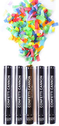 Product Cover Legend & Co. Large Confetti Cannons Party Poppers Multicolor, (5 Pack) Air Compressed and Biodegradable | Launches 20-25ft | Celebrations, New Year's Eve, Birthdays and Weddings