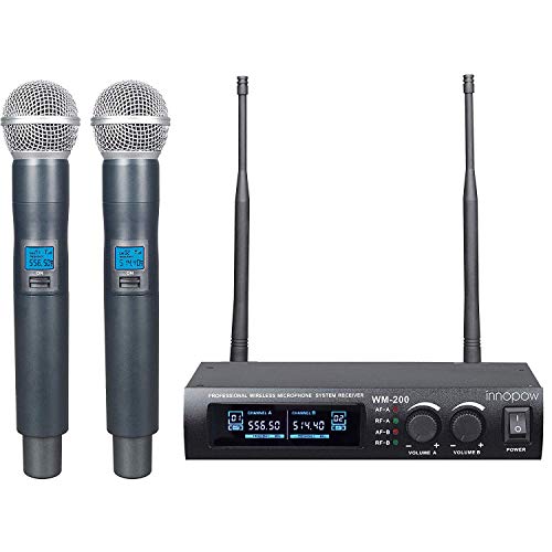Product Cover innopow Metal Dual UHF Wireless Microphone System,inp Metal Cordless Mic Set, Long Distance 150-200Ft,16 Hours Continuous Use for Family Party,Church,Small Karaoke Night (WM-200-New) (WM200N)