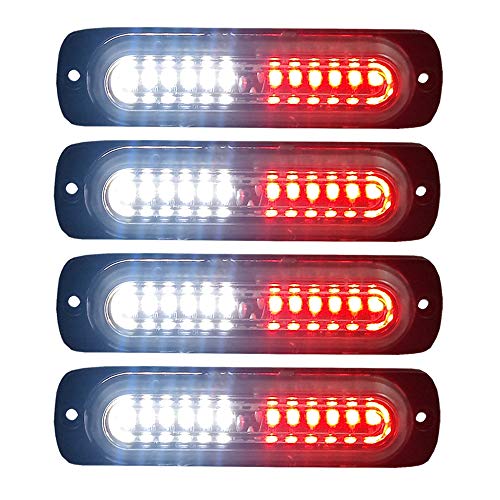 Product Cover 4pcs Ultra Slim 12-LED Surface Mount Grille Flashing Strobe Lights for Truck Car Vehicle Mini LED Light-Head Emergency Beacon Hazard Warning lights 12-24V (Red/White)