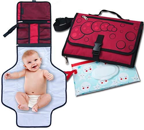 Product Cover SsdSun Portable Changing Pad - Lightweight and Safe Travel Station Kit for Baby Diapering - Waterproof Padded Extra Long Mat - Built-in Head Pillow - Organizer with 4 Pockets - Bonus Wet Wipe Pouch